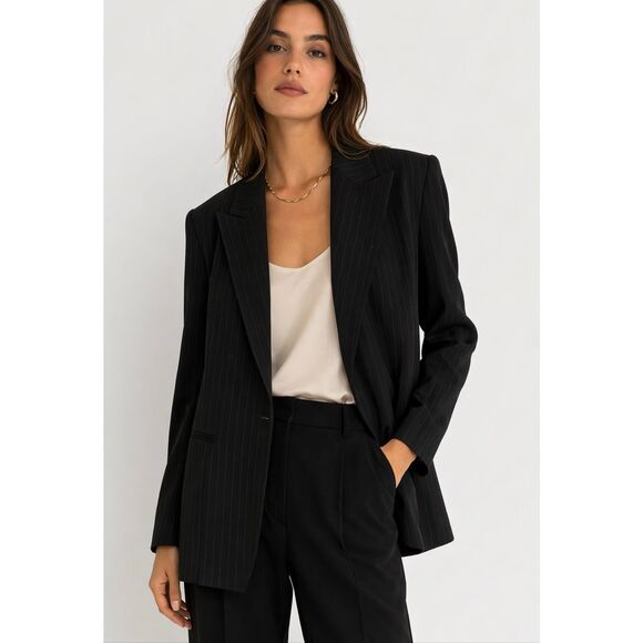 Max Mara Jackets & Blazers - Max Mara Black Pinstripe Blazer Open Front Italian Tailored Jacket 10